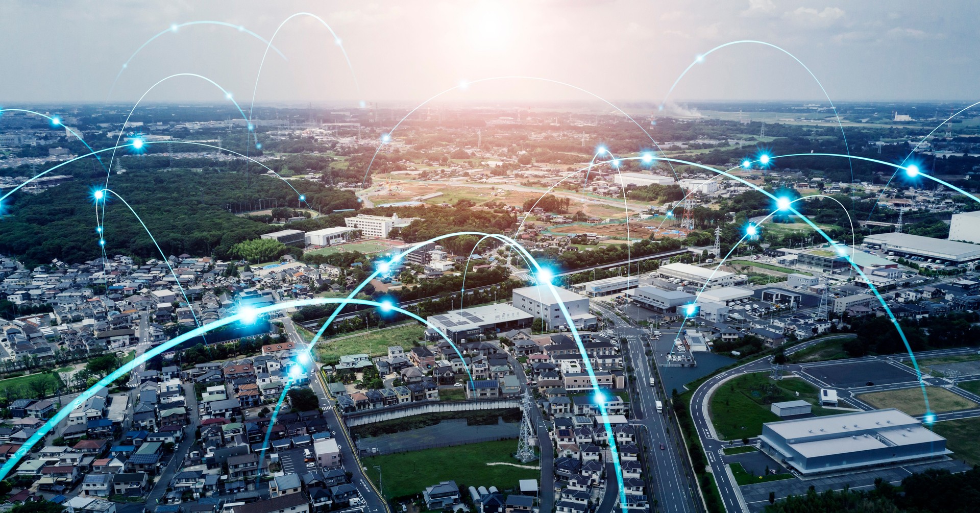 Smart city and communication network concept. 5G. IoT (Internet of Things). Telecommunication.